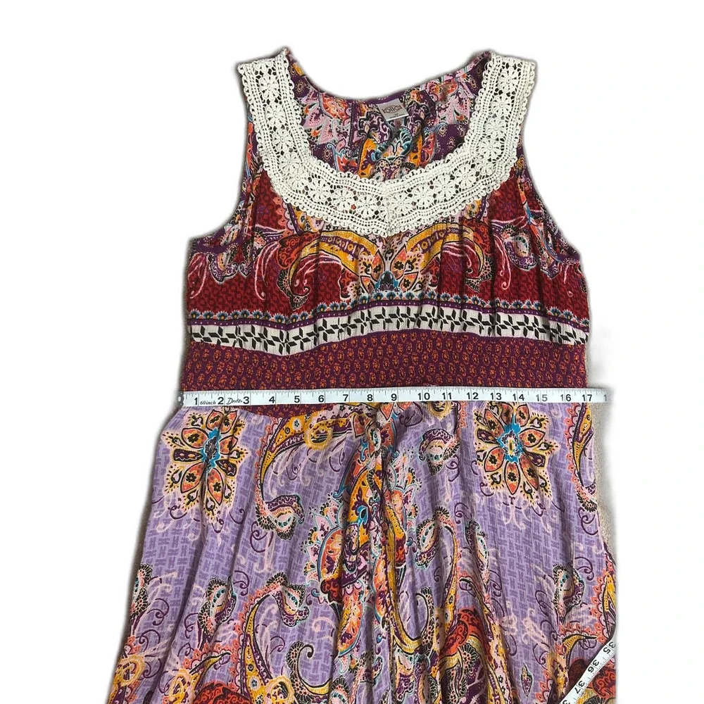Bila Boho Paisley Midi Dress M Crochet Lace Neck Sleeveless Handkerchief Hem - Picture 6 of 6